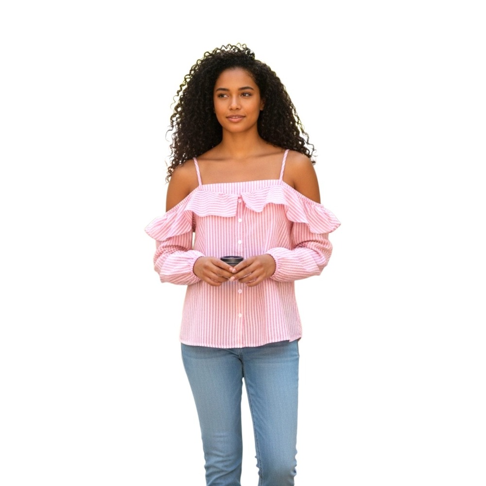 Cotton On Womens‎ Pink White Striped Off Shoulder Ruffle Button Front Top Size M